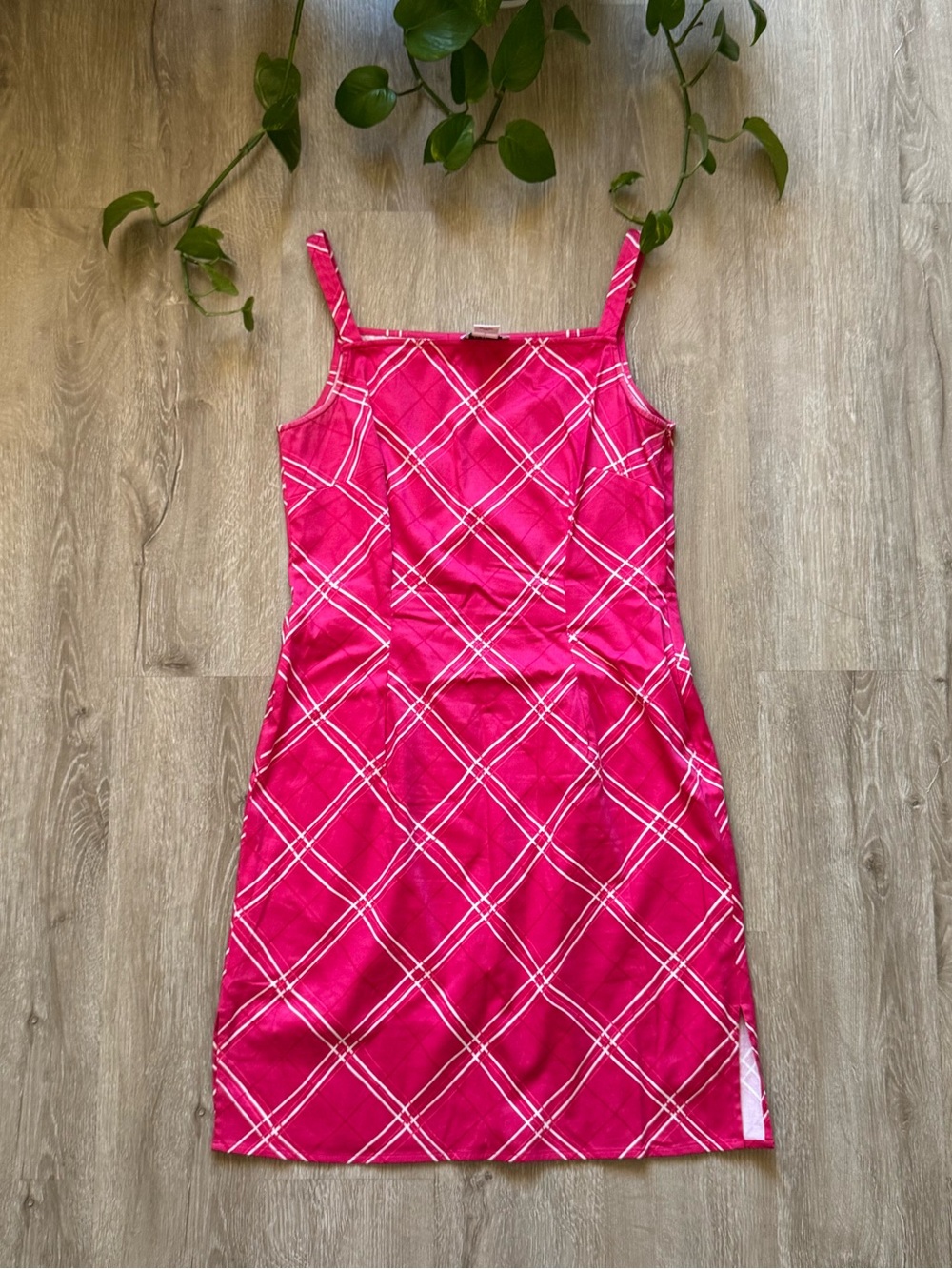 VTG 90s Pink Plaid Fitted Sheath Mini Dress Spaghetti Strap
